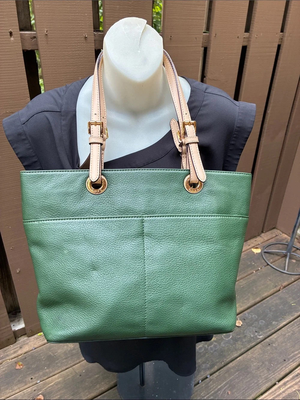 Michael Kors Green Leather Medium Tote with Tan Straps